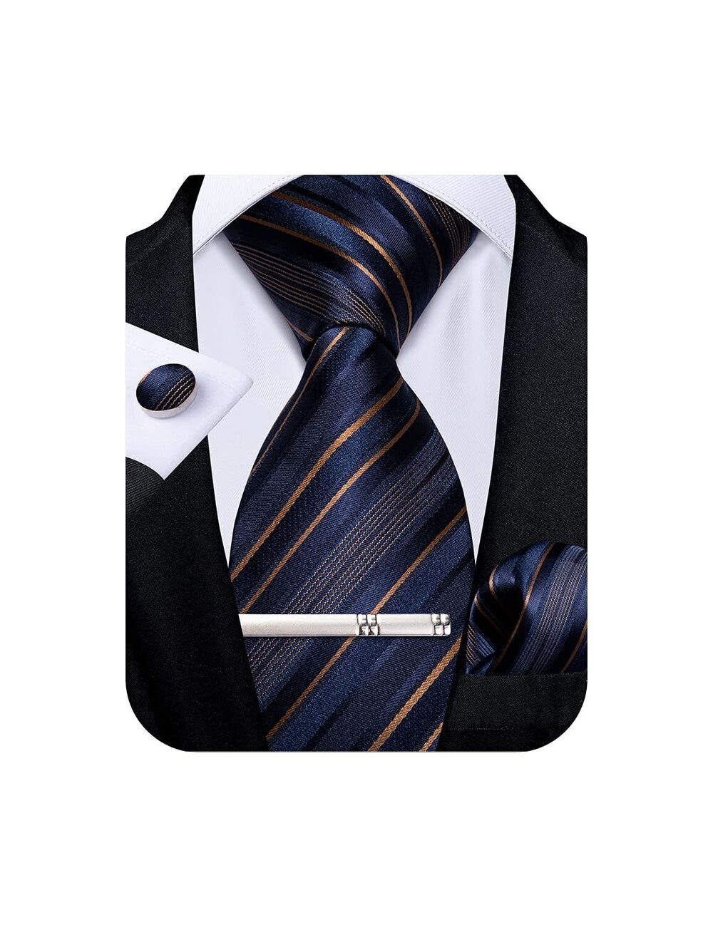 9563 Striped Tie Silk Woven Necktie and Pocket Square Cufflinks Tie Clip